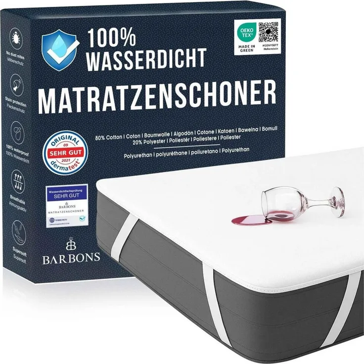 Matratzenschoner, Matratzenauflage OEKO-TEX zertifiziert, Matratzenschutz Baumwolle BARBONS, Atmungsaktiv, Wasserdicht, Knisterfrei