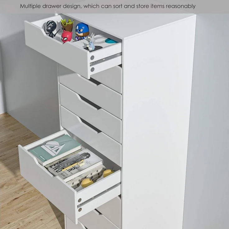 Homfa Kommode Schubladenschrank, Hochkommode, mit 9 Schubladen, schmal, weiß, 45x40x124,5cm – Bild 3
