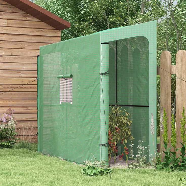 Wohnora-Anlehngewächshaus für Tomaten mit zwei aufrollbaren Reißverschlusstüren und einem Fenster Maße: 200 cm (L) x 80 cm (B) x 200/180 cm (H),H 2000cm x T 1010cm x B 800cm,Grün