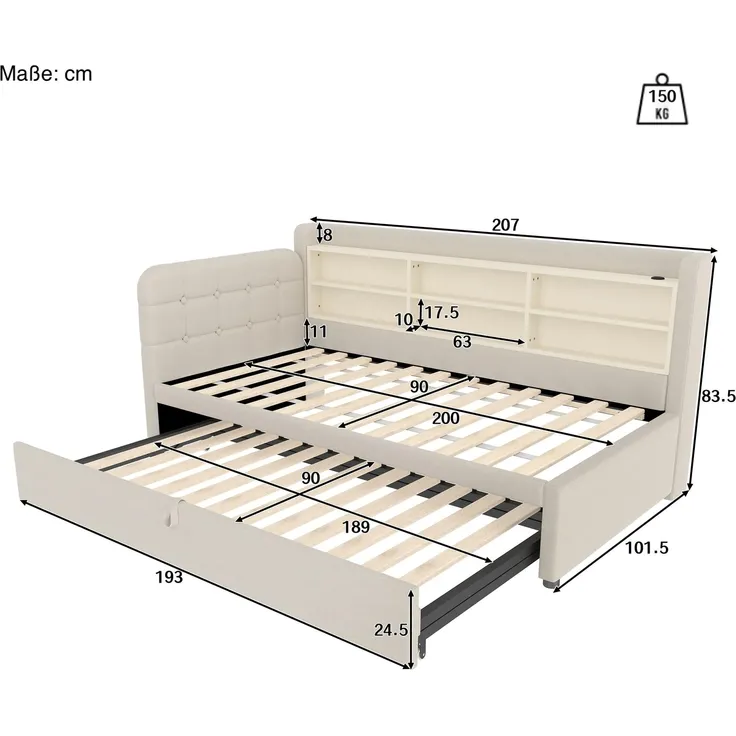Stauraumbett mit Lattenrost, Regal, USB und Type-C Anschluss, 90x200cm/180x200cm, Liegefläche erweiterbar, Einzelbett, Polsterbett, Leinen – Bild 6