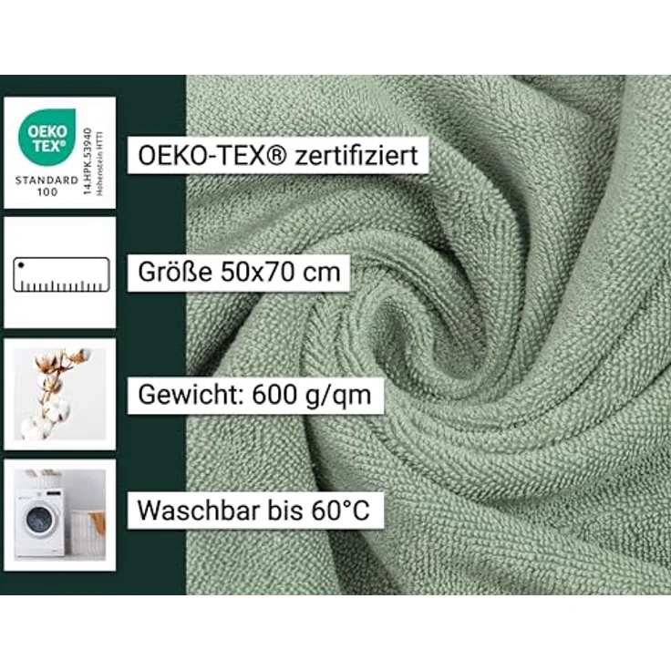 ZOLLNER Badematten 2er Set, 50x70 cm, saugstarke Baumwolle, waschbar bis 60°C, Fußbodenheizung geeignet, Salbei, Hotelqualität – Bild 3