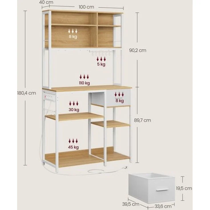 VASAGLE Küchenregal mit Steckdosen, Standregal, Mikrowellen-Regal, verstellbare Ablagen, Stoffschublade, 12 Haken, 40 x 100 x 180,4 cm, für Mikrowellen, Küche – Bild 3