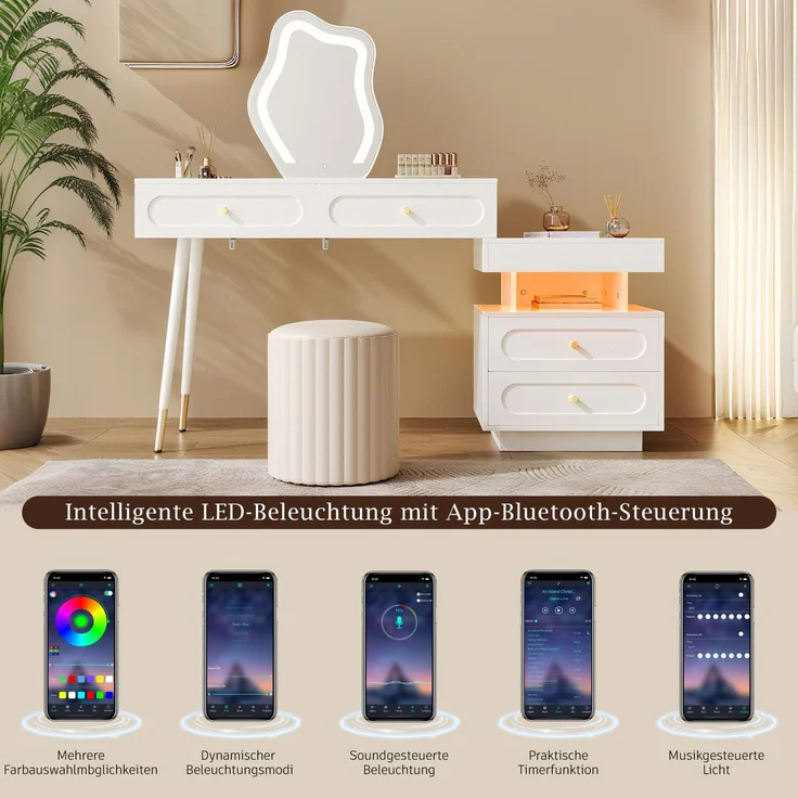 Abrihome Schminktisch mit LED, Weiß, 130x40x140 cm – Bild 7