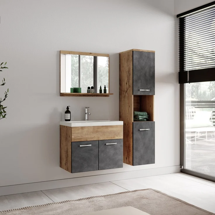 Badplaats Badezimmerschrank Montreal 30 x 30 x 131 cm Kastanien Eiche mit Dunkel Grau - Hoch Badschrank Mit 2 Türen – Bild 2
