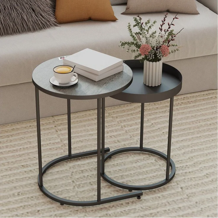 HOMCOM Beistelltisch mit Tablett-Design, Metallgestell (2er Set Wohnzimmertisch, 2-St, Runder Couchtisch), für Wohnzimmer Grau – Bild 5