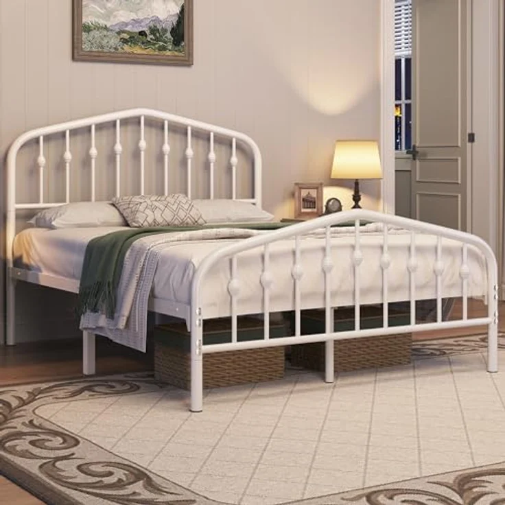 Yaheetech Bettrahmen 140 x 200 cm, Vintage Metallbett mit kronenförmigem Kopfteil, Stabiles Bettgestell Doppelbett aus Metall, Robust & Leichte Montage Gästebett Jugendbett Tagesbett, Weiß – Bild 2