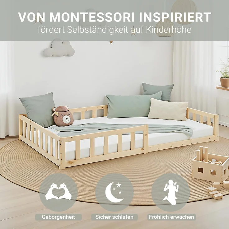 Kinderbett 120x200 Bodenbett mit Rausfallschutz Montessori Bett Kleinkindbett Holz Kiefer Natur Massiv Einzelbett Lattenrost Bettgestell – Bild 6