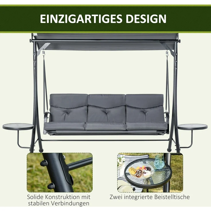 Outsunny Hollywoodschaukel mit verstellbarem Sonnendach, 3-Sitzer, Verstellbares Dach, Gartenschaukel, 1 tlg, Schaukelbank, für Garten, Balkon, Grau – Bild 5