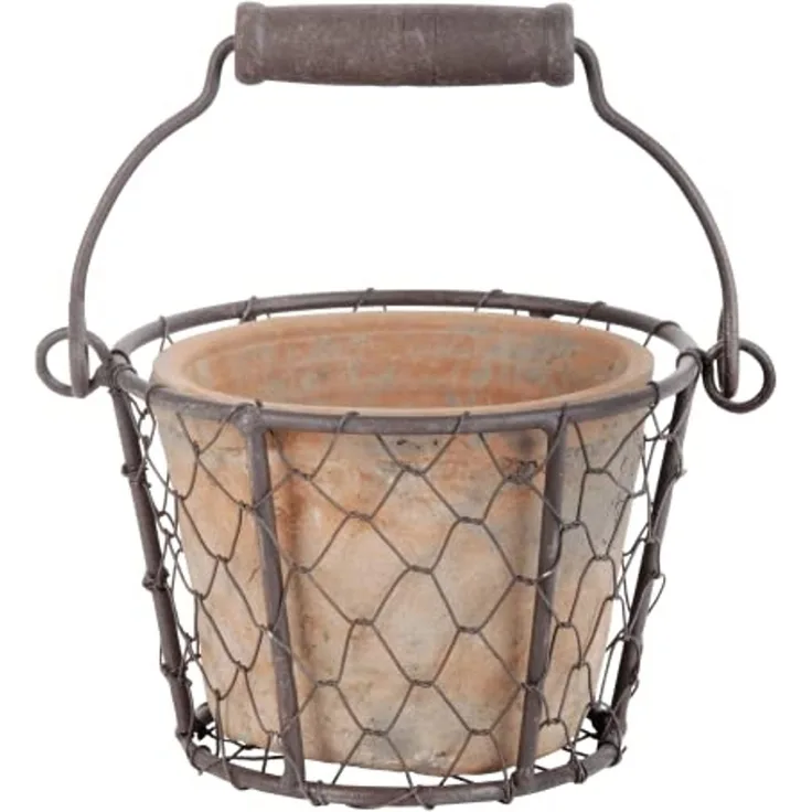 Blumen Topf im Draht Korb mit Henkel aus Aged Terracotta, Weichstahl und Holz
