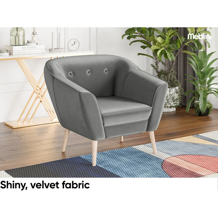 MEBLINI Mini Sofa Set 2-1-1 für Wohnzimmer - Mini Lounge für vier Personen - Küchensofa - Sofa Klein - Sitzgarnitur - Polstergarnitur - Sofagarnituren - DORIS - 2+1+1 - Hellgrau Samt – Bild 4