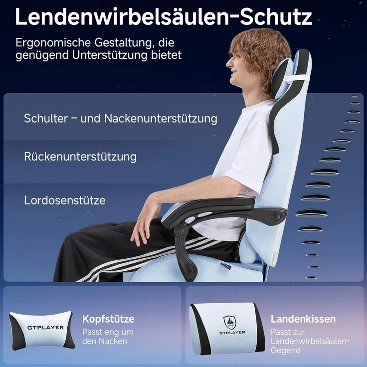 GTPLAYER Gaming-Stuhl Stoff Gaming Chair Ergonomisch Bürostuh PC Stuhl, 150kg Belastbarkeit, Schreibtischstuh mit Federsitzkissen und Fußstütze – Bild 3