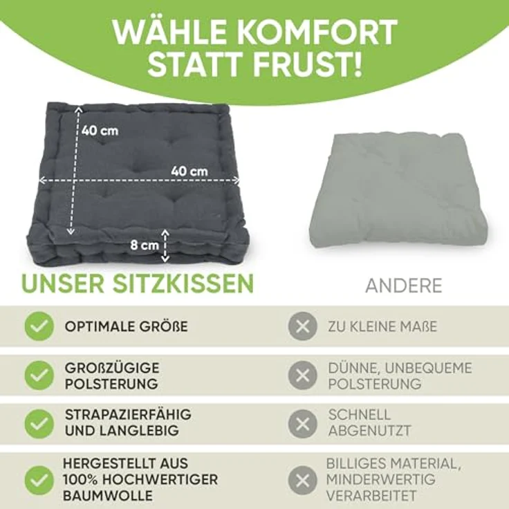 Gräfenstayn Sitzkissen 4er Set 40x40 cm mit 8 cm Polsterung aus 100 % Baumwolle -, robustes Sitzkissen für Indoor & Outdoor, bequemes Bodenkissen – Bild 8