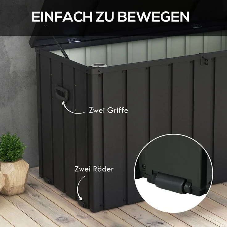 Outsunny Gartenbox Auflagenbox 450L Aufbewahrungsbox mit Gasdruckfedern (geräteschuppen, 1 St, Aufbewahrungskiste), für Garten, Balkon, Stahl, Dunkelgrau – Bild 3
