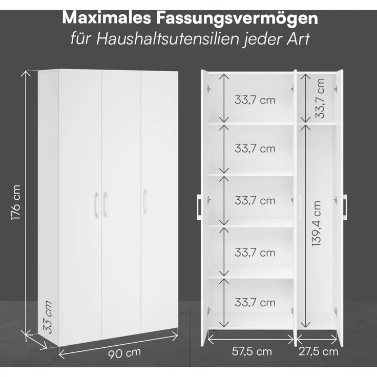 Bellamio 'Apol' Mehrzweckschrank, weiß, 176x33x90 cm, Putzschrank mit 3 Türen und 5 Regalen, Besenschrank mit Staubsaugerfach – Bild 6