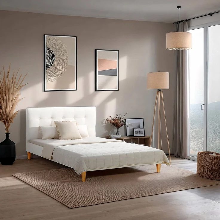 Polsterbett 140x200 cm mit Matratze Beige Bouclé Doppelbett Bett Bettgestell Lattenrost Stoffbett – Bild 10