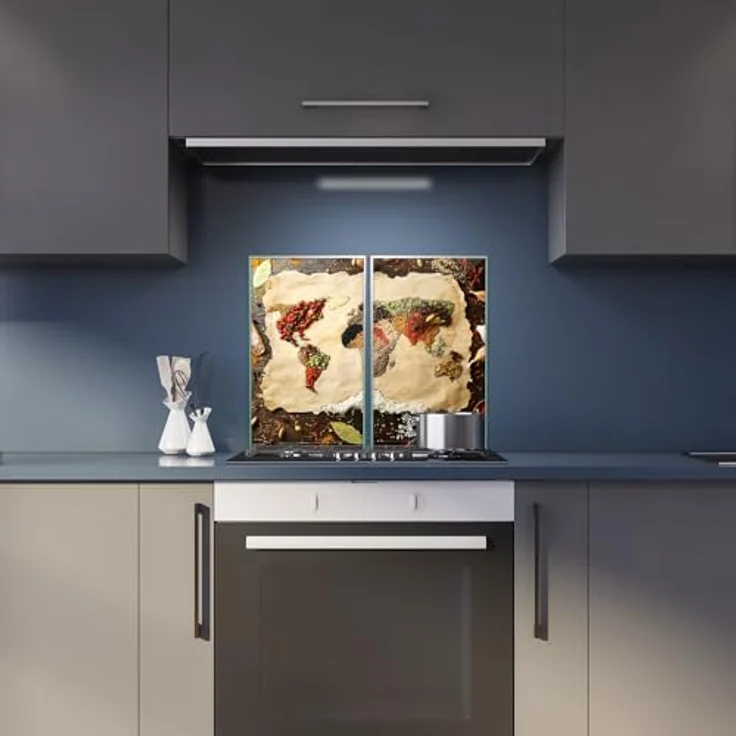 Herdabdeckplatte Abdeckung Ceranfeld Abdeckplatte Schneidebrett 2-Teilig 60x52 Gewürze Weltkarte Beige Spritzschutz Glasplatte Ceranfeldabdeckung Herdschutz Sicherheitsglas Glasschneidebrett 2x30x52 – Bild 6