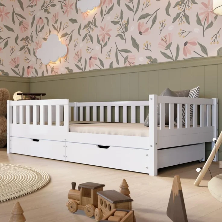Crazy Pine 'Crazy Basic' Kinderbett mit Rausfallschutz, Skandinavisches Design, Holz, Weiß, 80x160 cm, mit Schublade