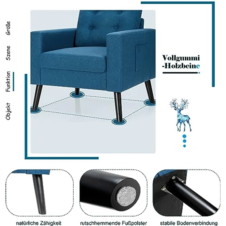 COSTWAY Sessel mit 2 Seitentaschen, Ohrensessel mit Armlehnen und Rückenkissen, Einzelsofa gepolstert, Fernsehsessel Relaxsessel Clubsessel, für Wohnzimmer, Schlafzimmer & Büro, modern (Blau) – Bild 7