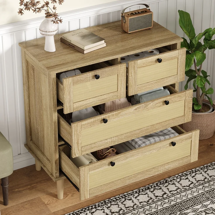Schrank mit Rattangeflecht 80 x 40 x 80 cm, Kommode Holzfarbe, 4 Schubladen, Massivholzbeine – Bild 2