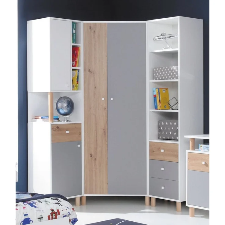 Lomadox Jugendzimmer-Set FAIRFAX-133, (Sparset, 3-tlg), mit Eckkleiderschrank in weiß mit Eiche und grau – Bild 5