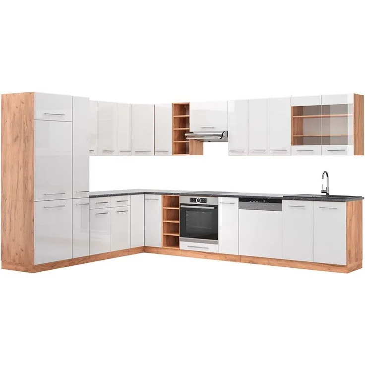 Eckküche Fame-Line Weiß Hochglanz/Goldkraft Eiche 347 x 60 cm , AP Anthrazit Vicco