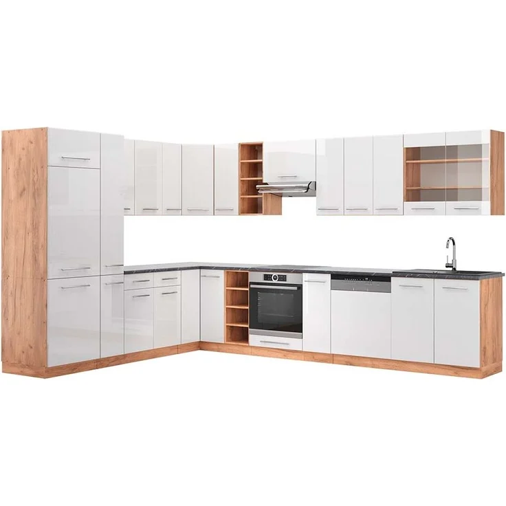 Eckküche Fame-Line Weiß Hochglanz/Goldkraft Eiche 347 x 60 cm , AP Anthrazit Vicco – Bild 1