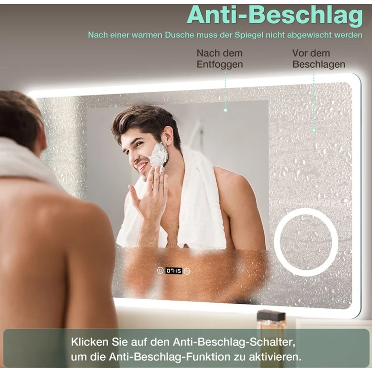 Gimbelen LED Badezimmerspiegel 100x60 cm mit Uhr, dimmbar, 3-fach Vergrößerung & Anti-Beschlag, 3 Lichtfarben, Touch-Steuerung, rechteckiges Design, für Badezimmer, Silber – Bild 4