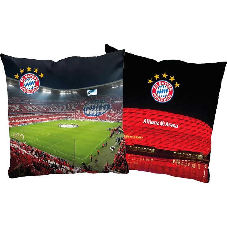 BERONAGE Dekokissen FC Bayern München Kissen Allianz Arena 40x40 cm Fußball-Kuschelkissen, passend zur Bettwäsche, ideal für Sofa, Couch, Bett, Auto, Camping – Bild 1
