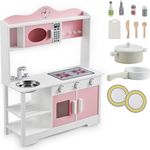 Juskys Kinderküche Jona - Spielküche mit Zubehör aus Holz - Weiß Rosa, ideal für kreatives Spielen und fantasievolle Abenteuer