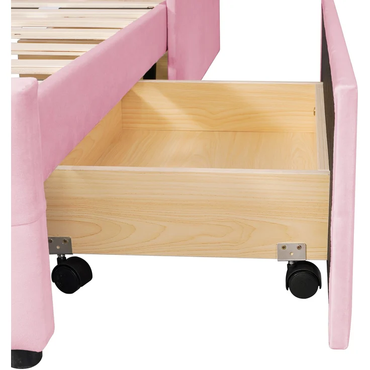Merax Polsterbett 90 x 200 cm Bett mit Lattenrost, Rückenlehne und zwei Schubladen, hautfreundlicher Samtstoff Beige flaches Gästebett (Rosa) – Bild 8