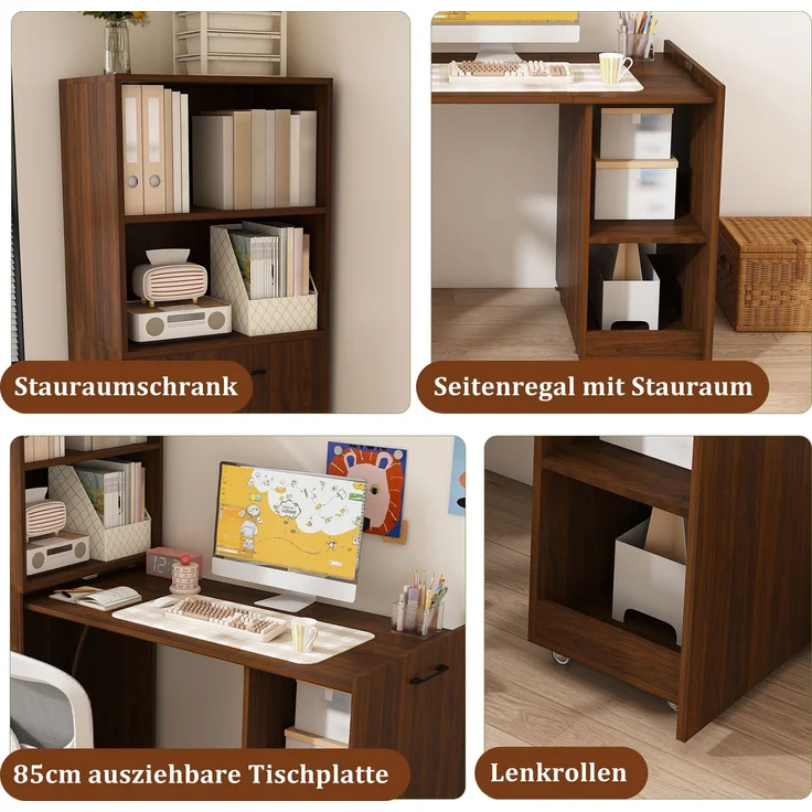Ausziehbarer Schreibtisch mit Stauraumschrank & Kippsicherung, platzsparender Klappschreibtisch mit verstellbaren Ablagen & ausziehbarer Tischplatte für Schlafzimmer & Arbeitszimmer, dunkler Nussbaum--Nussbaum--76x55x136cm--YOUDENOVA – Bild 5