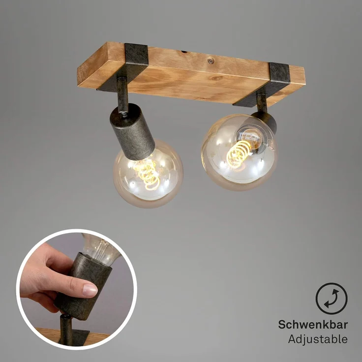 BRILONER - Deckenlampe Vintage schwenkbar, Holzbasis, E27 Fassung, max. 25 Watt, Deckenleuchte, Lampe, Wohnzimmerlampe, Schlafzimmerlampe, Küchenlampe, Deckenstrahler, 28 x 10 x 9 cm, Holz-Schwarz – Bild 3