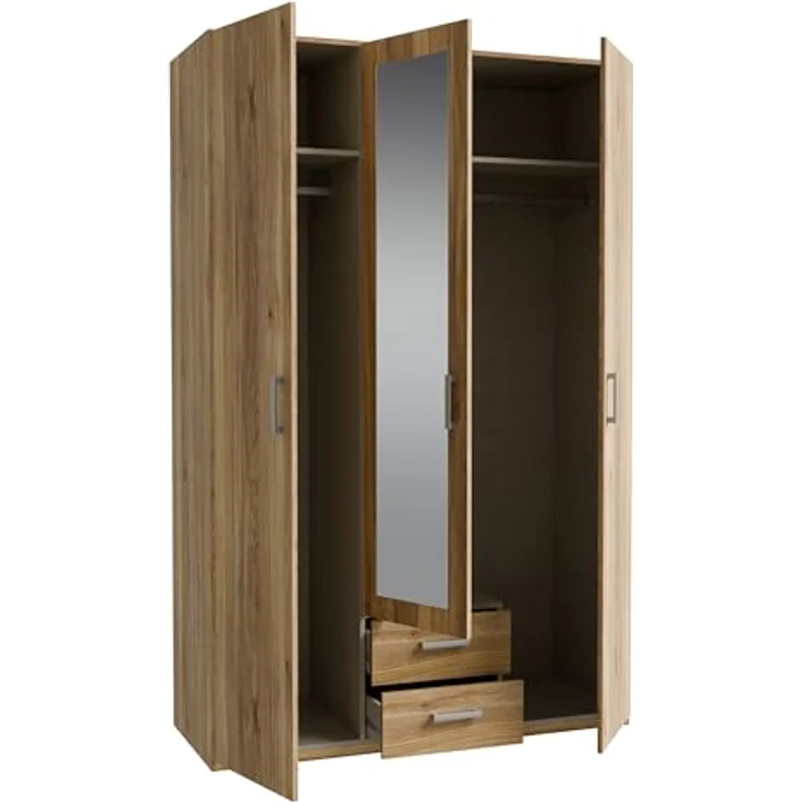 Forte ECONOBOX 2 Kleiderschrank 130 135, 3-türiger Drehtürenschrank mit Spiegel und 2 Schubladen, Holzwerkstoff, Mauvella Eiche Dekor, 133,2 cm breit, 210,5 cm hoch, 54,2 cm tief – Bild 7