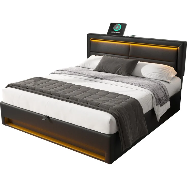 Merax Polsterbett, Doppelbett, 140x190 cm, mit USB-Anschluss (unterstützt kabelloses und kabelgebundenes Laden), LED-Beleuchtung und Stauraum, PU, schwarz – Bild 10