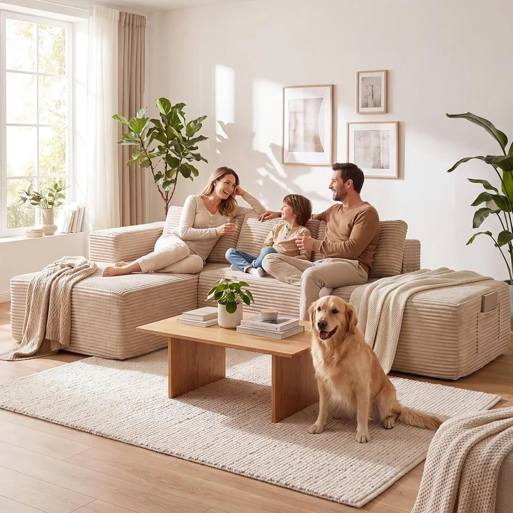 COMHOMA Ecksofa mit Schlaffunktion, 255cm Corduroy Modulares Boneless Couch mit Chaiselongue & Rücken-Metallgestell, L-Form Schlafsofa mit offenem Design, Kissen & Seitentaschen,für Wohnzimmer, Beige-R – Bild 3