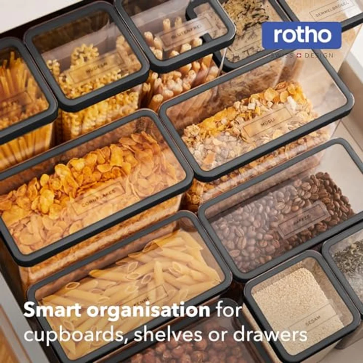 Rotho LOFT 12er-set Vorratsdosen mit Deckel, stapelbar, aromadicht, spülmaschinenfest, 40×20×21,4 cm, – Bild 2