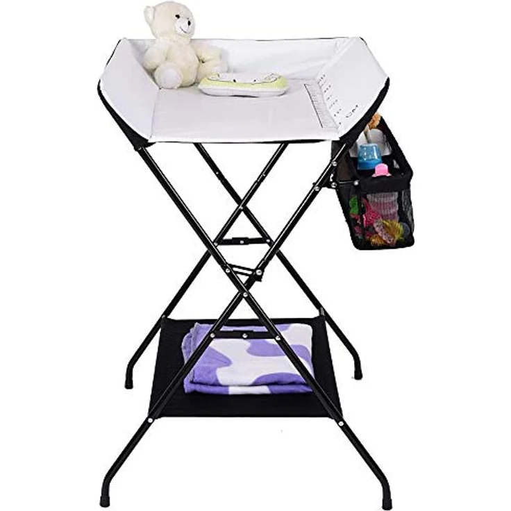 Wickeltisch, faltbar und tragbar, mit Aufbewahrung, Sicherheitsgurt, platzsparend und stabil, klappbarer Wickeltisch, Babyzimmer, höhenverstellbar (schwarz und weiß) – Bild 5