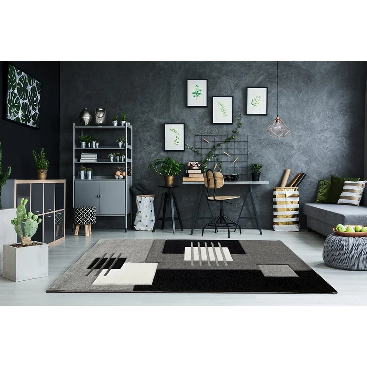 Vimoda Teppich Designer Teppich Wohnzimmer Kurzflor, Kariert dicht Grau, Rechteckig, Höhe: 13 mm, Läufer Teppich Kariert Linien mit Konturenschnitt – Bild 1