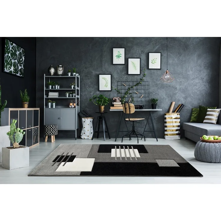 Vimoda Teppich Designer Teppich Wohnzimmer Kurzflor, Kariert dicht Grau, Rechteckig, Höhe: 13 mm, Läufer Teppich Kariert Linien mit Konturenschnitt