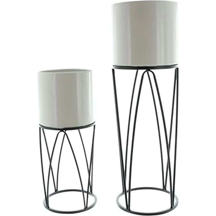 2x Übertopf "Retro" mit Metallgestell, schwarz und Pflanztopf in creme, Pflanzgefäß, Blumentopf, Pflanzkübel, Blumentopfständer – Bild 2