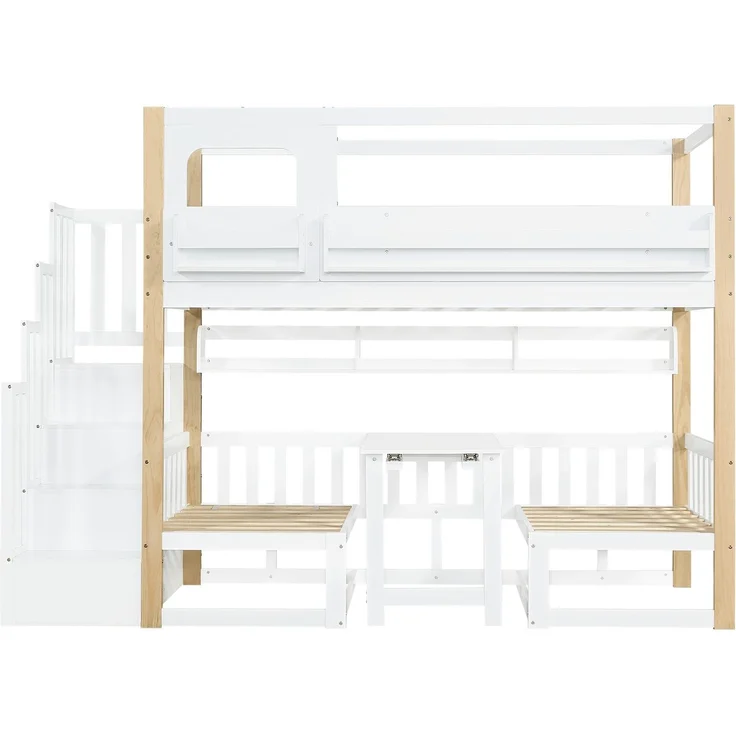 Etagenbett mit 2 Liegeflächen, Treppe, Tisch, Regalen, Rausfallschutz, 90x200cm, Liegefläche umbaubar zur Sitzgruppe, Kinderbett, Kiefer – Bild 7