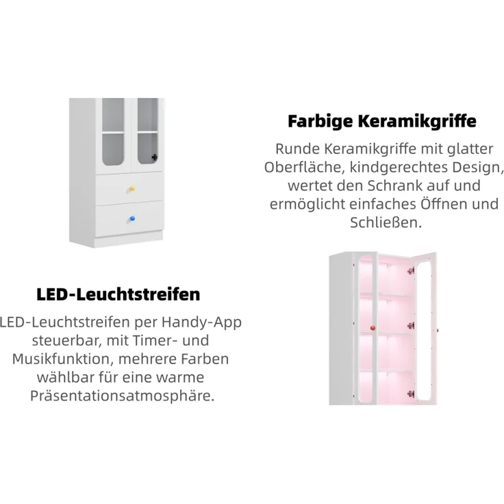 ZUBALIYA Glasvitrine, Aktenschrank, Sammelfiguren-Vitrine, 4 Ebenen Spielzeugschrank mit 2 Schubladen, RGB-LED-Beleuchtung per App steuerbar, Kindermöbel, bunte kugelförmige Keramikgriffe, weiß, 60x35x170 cm – Bild 13