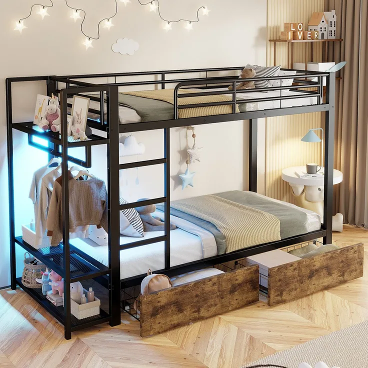 Etagenbett mit Schubladen, RGB LED-Streifen, Kleiderstange, Regal, Lattenrost und Leiter, 90x200 cm, Kinderbett mit Rausfallschutz, Metallbett