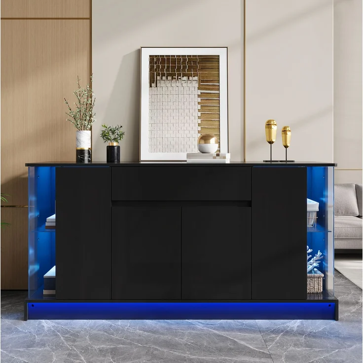 Sideboard 150x40x75 cm mit Glasvitrinen, Schublade und App-gesteuerter LED-Beleuchtung – Schwarz Hochglanz – Bild 1