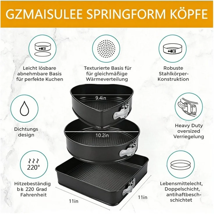 Kityhome Springform Kuchenform Backform Set 3tlg 24 26 28 cm,antihaft Carbonstahl, (3-tlg), eckig,rund,herzförmig(11/10.2/9.4in),hitzebeständig bis 220°C – Bild 2