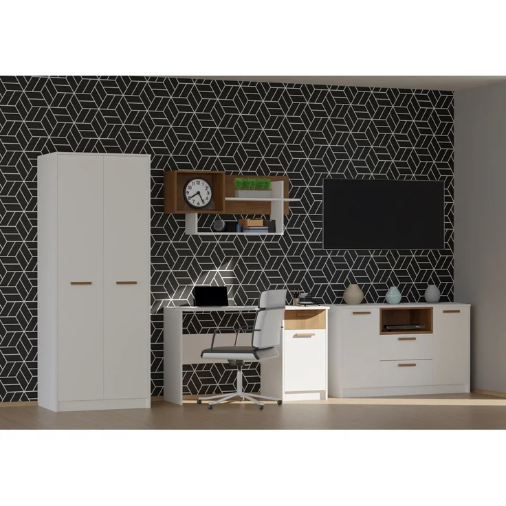 Marmex Möbel Grant Set-U Jugendzimmer Komplett-Set 4-teilig mit Kleiderschrank, Kommode, Schreibtisch, Wandregal, Kinderzimmermöbel mit Schreibtisch, laminierte Spanplatte, Kleiderstange, weiß+riviera Eiche, 322,5x195x55 cm – Bild 1