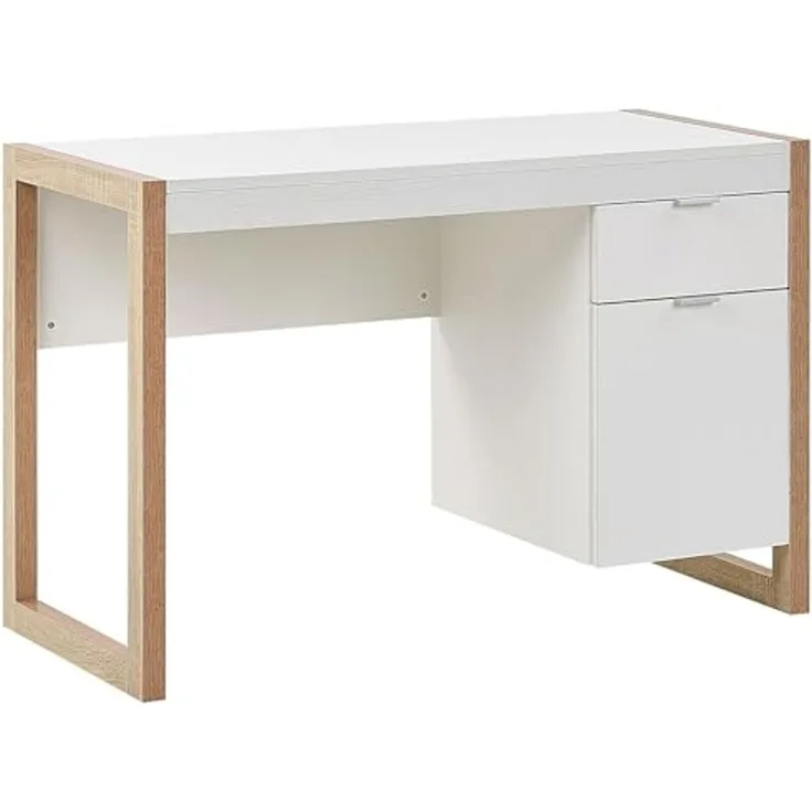 Schreibtisch weiß / heller Holzfarbton 110x50 cm Schublade Schrank JOHNSON
