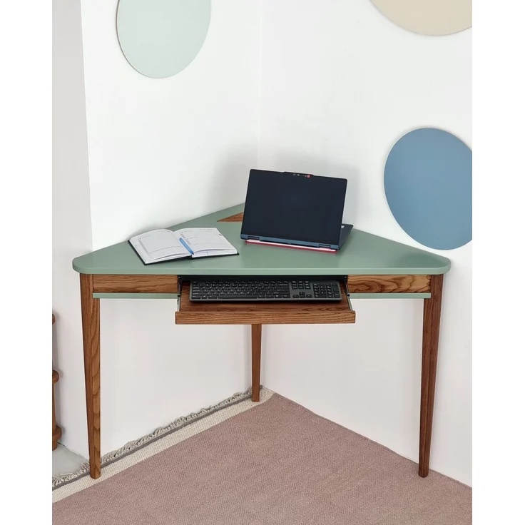Ragaba Eckschreibtisch mit Tastaturauszug, MDF & Massives Eschenholz Eiche gebeizt, 114x61 cm, Salbei Grün – Bild 2