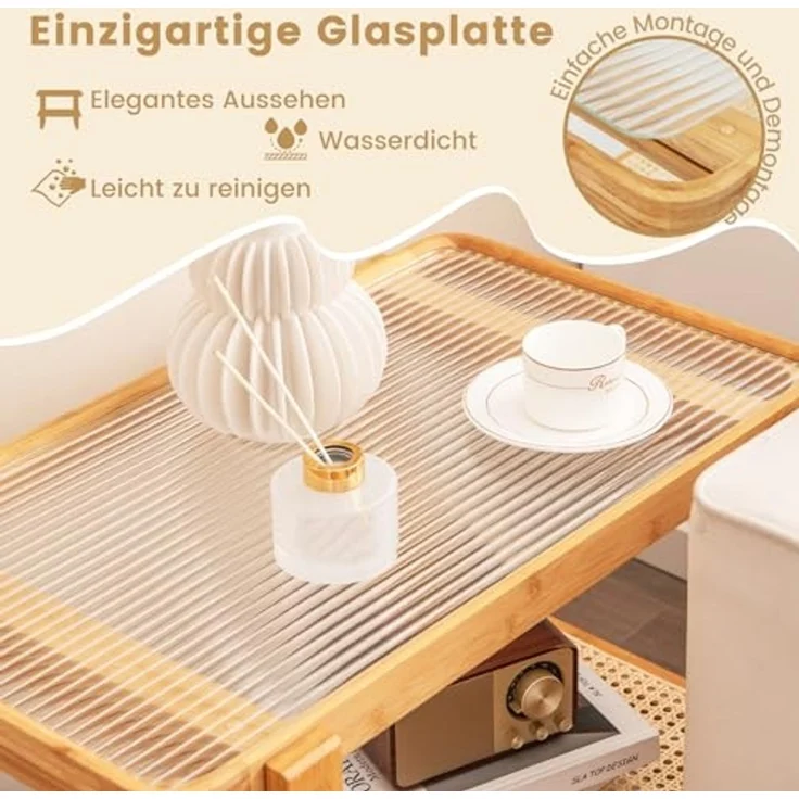 COSTWAY Beistelltisch, Couchtisch mit abnehmbarer Glasplatte und Rattanablage, Kaffeetisch mit Gestell aus Bambus, Nachttisch 70,5 x 44,5 x 54,5 cm – Bild 6