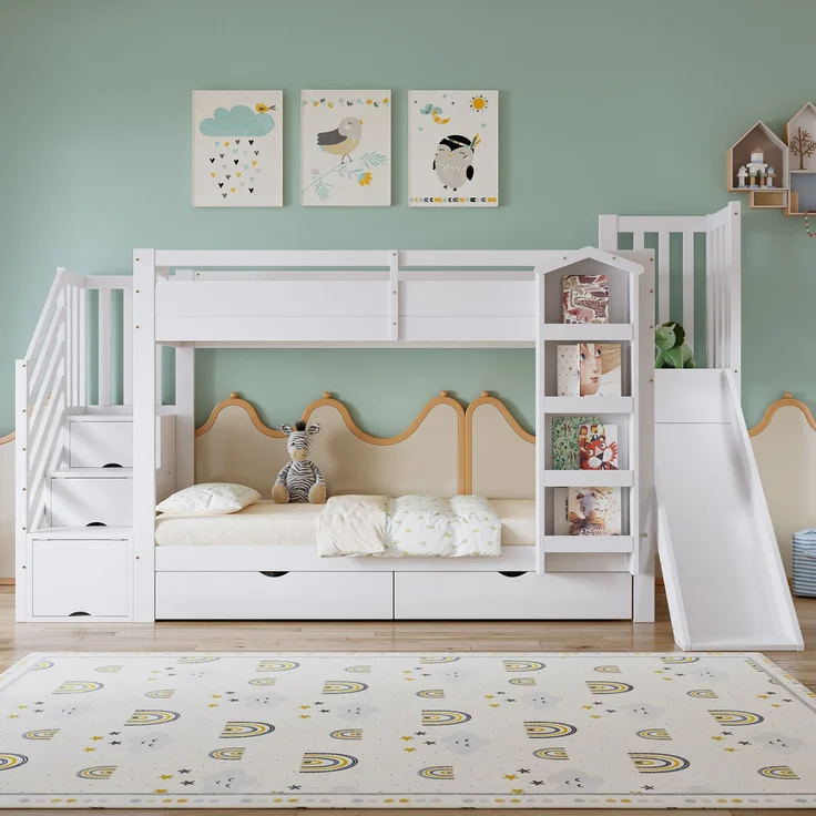 Merax Etagenbett, 90x200cm Kinderbett, Mit Bilderbuchregal, zwei Schubladen auf Rollen und Kinderrutsche, Treppenaufbewahrungs-Schrank, Weiß – Bild 8